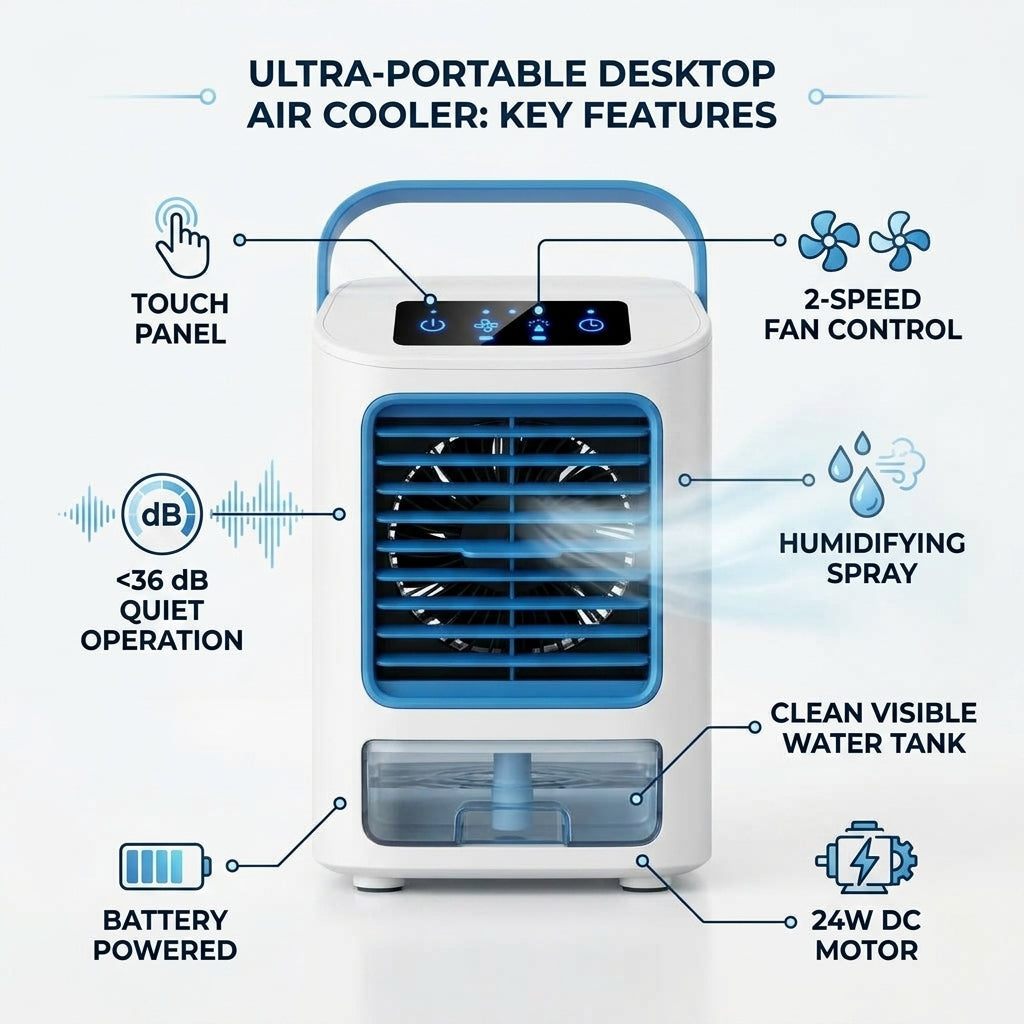 Portable Desktop Air Cooler & Humidifying Spray Fan – 24W, 2-Speed Quiet Cooling | TheSmartHome