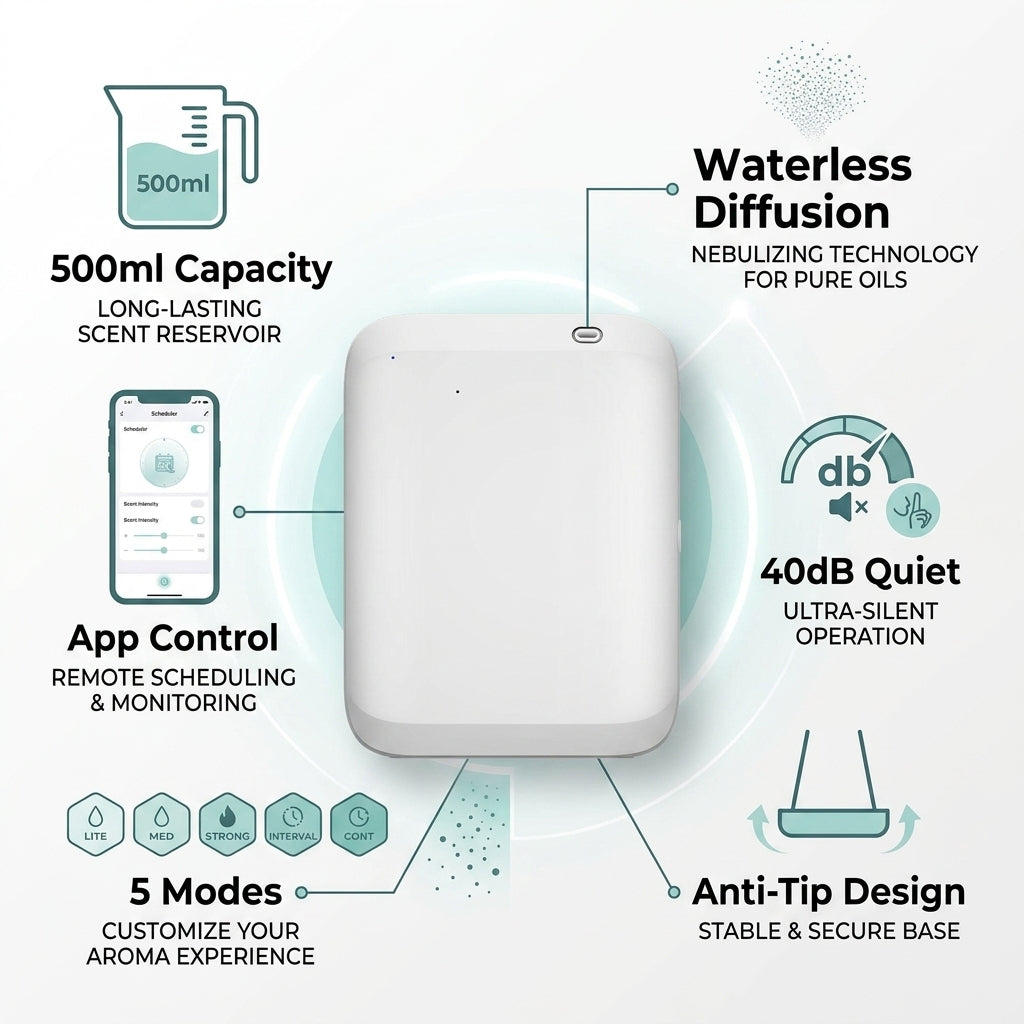 Smart Waterless Aroma Diffuser – 500ml, App-Controlled, 40dB Quiet | TheSmartHome