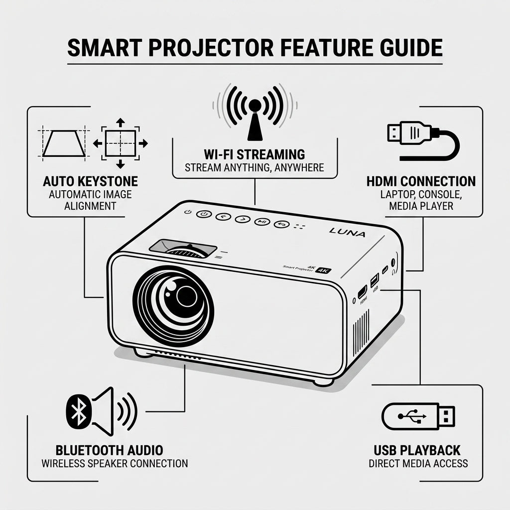 Portable Smart Projector – Android 14, Wi-Fi, Bluetooth & Auto Keystone | TheSmartHome