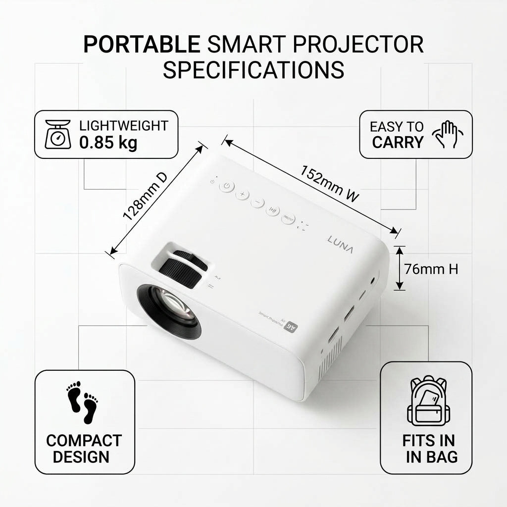 Portable Smart Projector – Android 14, Wi-Fi, Bluetooth & Auto Keystone | TheSmartHome